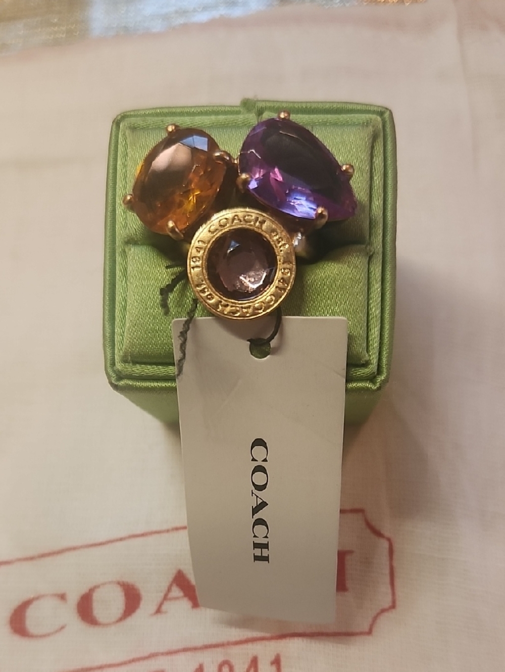 Coach Gold-Tone Ring with Purple and Amber Stones